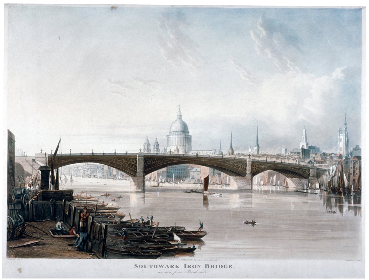 Kilátás a „Southwark Iron Bridge”-re Bankside-ről, London, 1819 alkotó: Thomas Sutherland