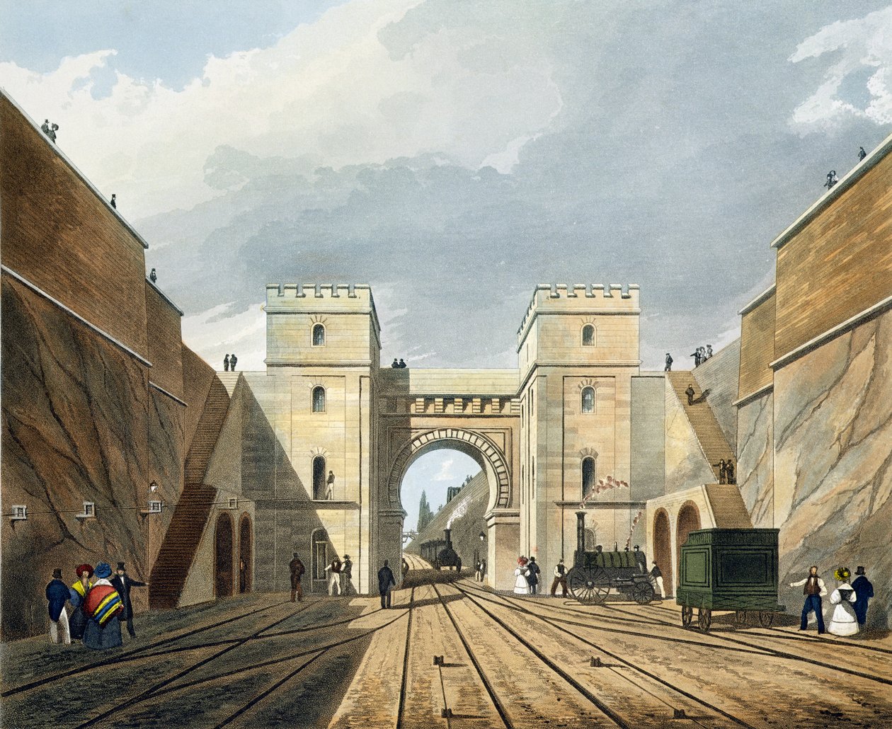 Moorish Arch, Az alagútból nézve, 10. tábla a „Liverpool and Manchester Railway”-ről, metszett S.G. Hughes, pub. R. Ackermann, 1831 alkotó: Thomas Talbot Bury
