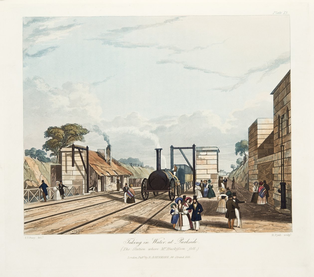 Vízbevétel a Parkside-nál (Az állomás, ahol Mr Huskisson elesett), megjelent 1831-ben (kézi színes metszet) alkotó: Thomas Talbot Bury