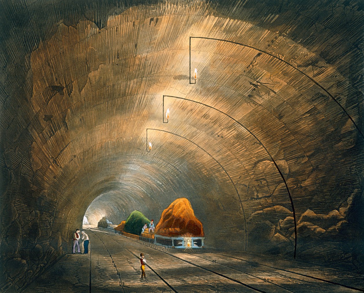 Az alagút, a "Coloured View of the Liverpool und Manchester Railway" című, H. Pyall által készített metszetből, kiadó: Ackermann und Co., London, 1833. alkotó: Thomas Talbot Bury