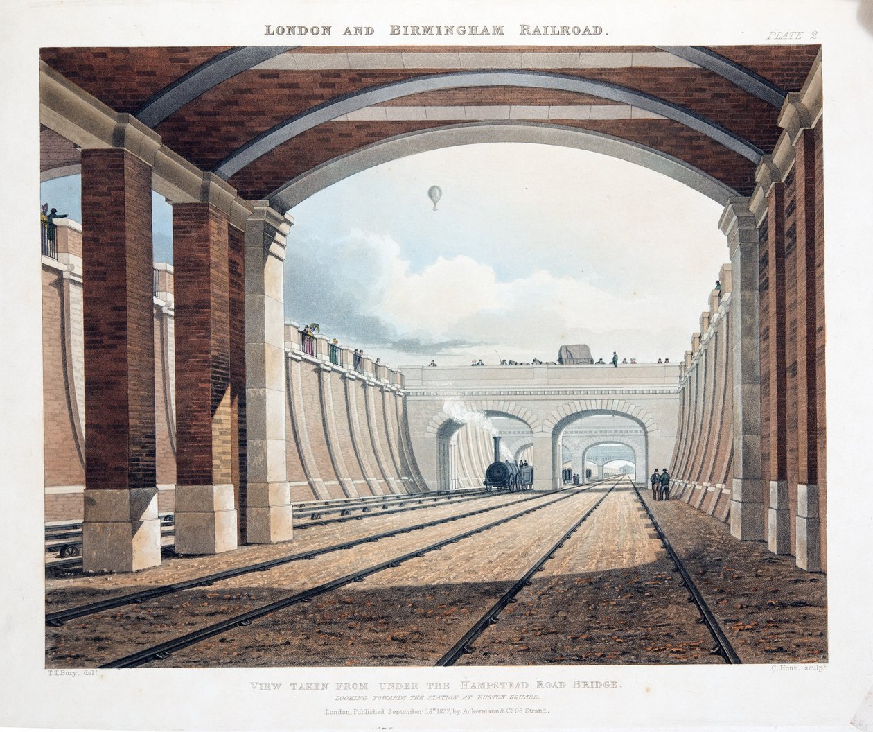 A Hampstead Road híd alól, az Euston Square-i állomás felé nézve, 1837 (kézi színezett metszet) alkotó: Thomas Talbot Bury