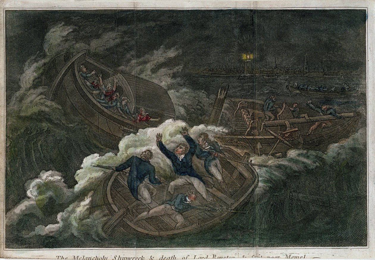 A melankolikus hajótörés és Lord Royston halála. Litográfia (17,5 x 25,8 cm), londoni (Anglia) kiadás, Thomas Tegg (1808). Angol művészet alkotó: Thomas Tegg