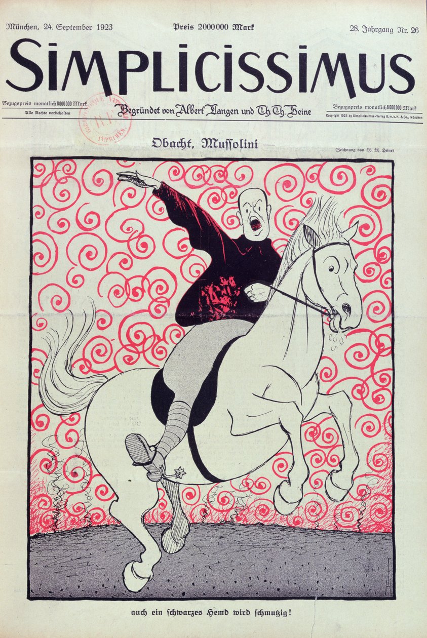 Benito Mussolini (1883-1945) karikatúrája, a "Simplicissimus" Magazin borítója, Münchenben, 1923. szeptember 24. (színes litó) alkotó: Thomas Theodor Heine