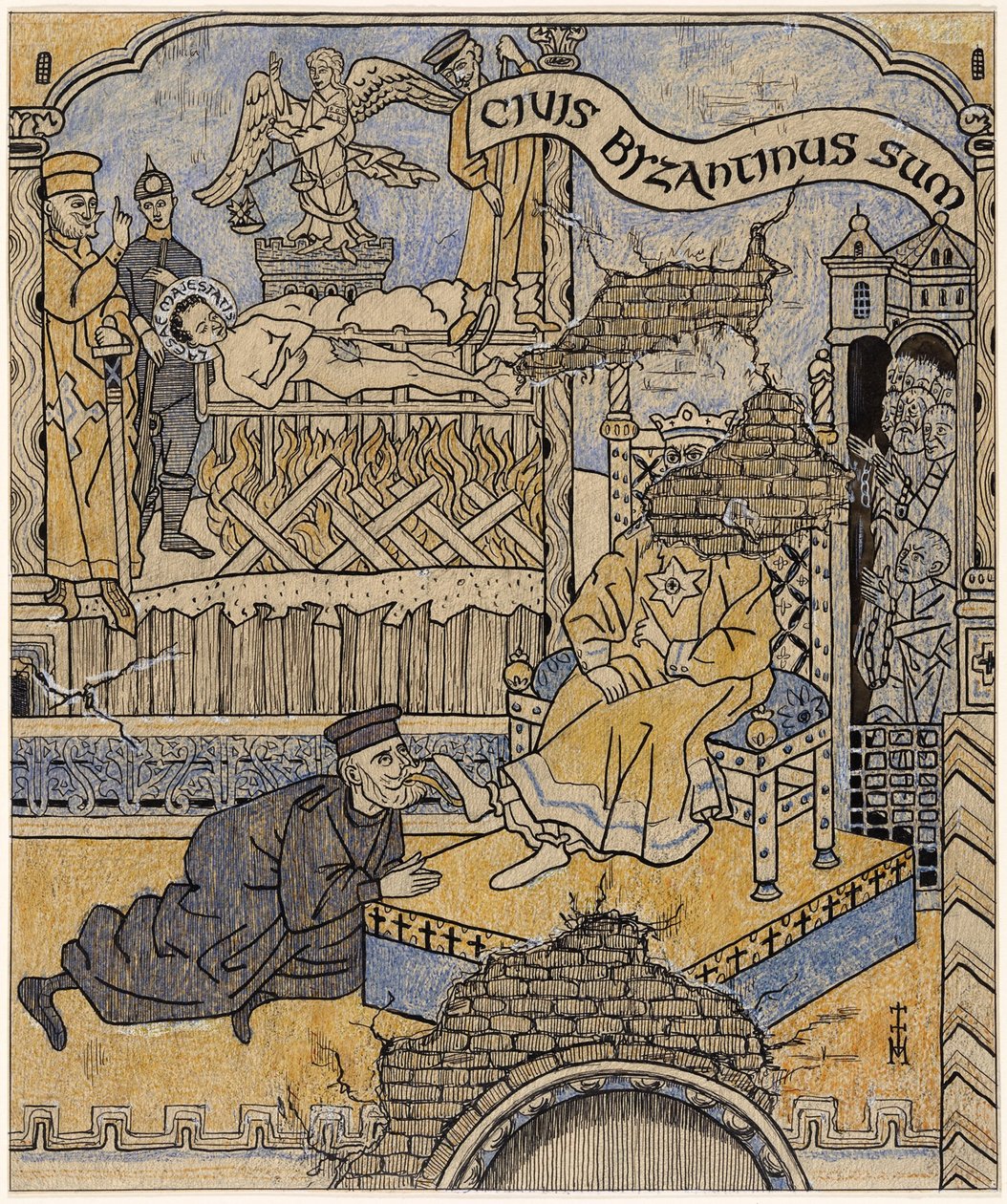 Az újra felfedezett falfestmény a bizánci Igazságügyi Palotában; Simplicissimus V/34 alkotó: Thomas Theodor Heine