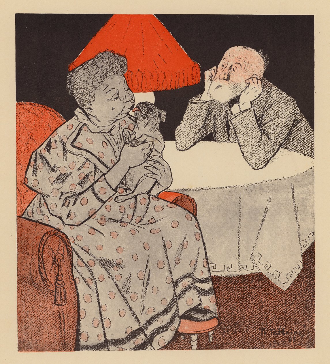 A férj sajnálja, hogy 25 év házasság után a felesége úgy tűnik, jobban szereti a kutyáját, mint őt (színes litho) alkotó: Thomas Theodor Heine