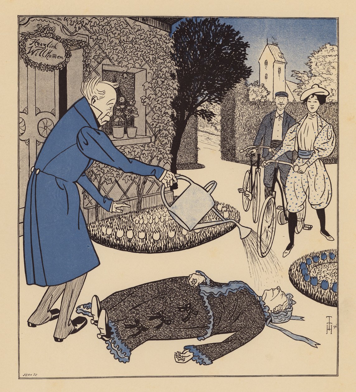 Férfi próbálja újraéleszteni feleségét, miután az elájult (színes litográfia) alkotó: Thomas Theodor Heine