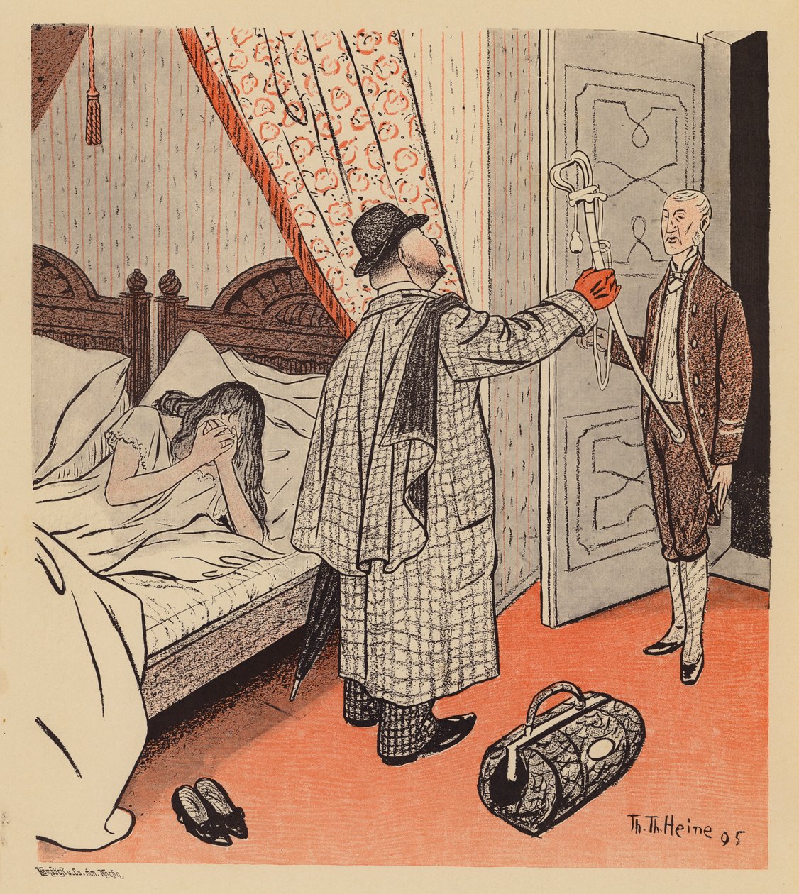 Férfi felfedezi, hogy feleségének viszonya van egy katonával (színes litográfia) alkotó: Thomas Theodor Heine
