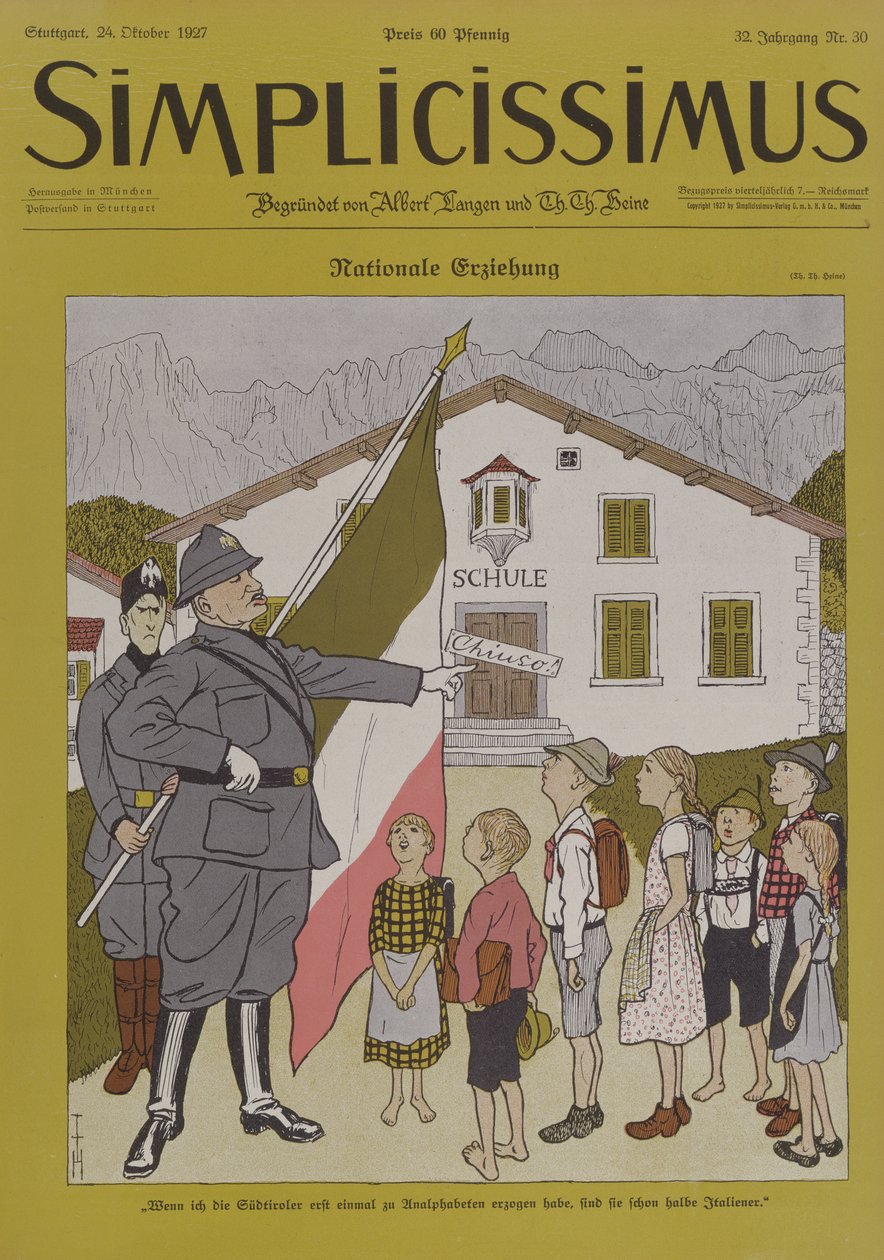 Mussolini (1883-1945) és az olasz tirol, rajzfilm a Simplicissimus magazinból, 1924. október 24. (színes litó) alkotó: Thomas Theodor Heine