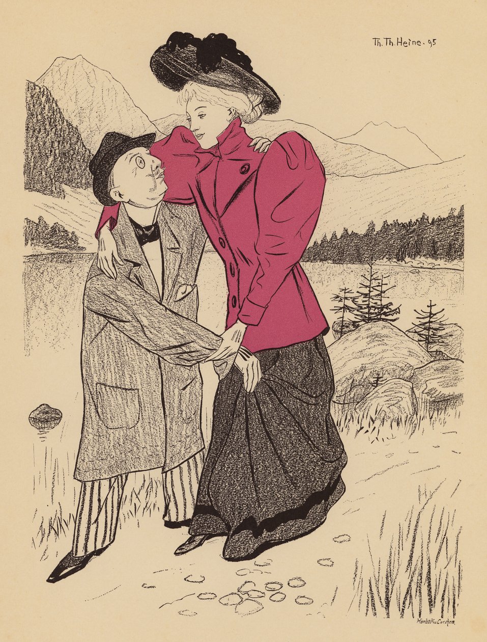 Friss házaspár nászúton (színes litográfia) alkotó: Thomas Theodor Heine