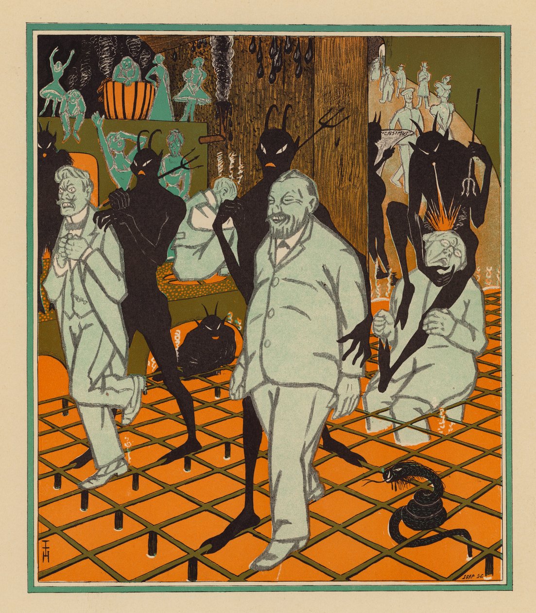Gyerekek nélkül és zene nélkül: egy apa szerint nem is olyan rossz a pokolban lenni (színes litográfia) alkotó: Thomas Theodor Heine