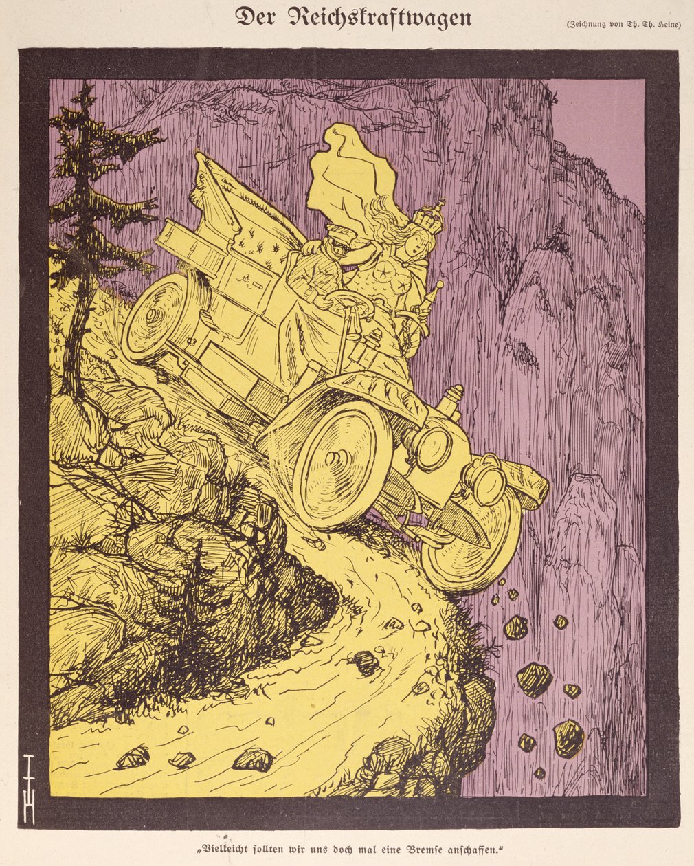 A Német Birodalom autója, amelyet II. Vilmos (1859-1941) vezetett, illusztráció a „Simplicissimus” 1907 borítójáról (színes litó) alkotó: Thomas Theodor Heine