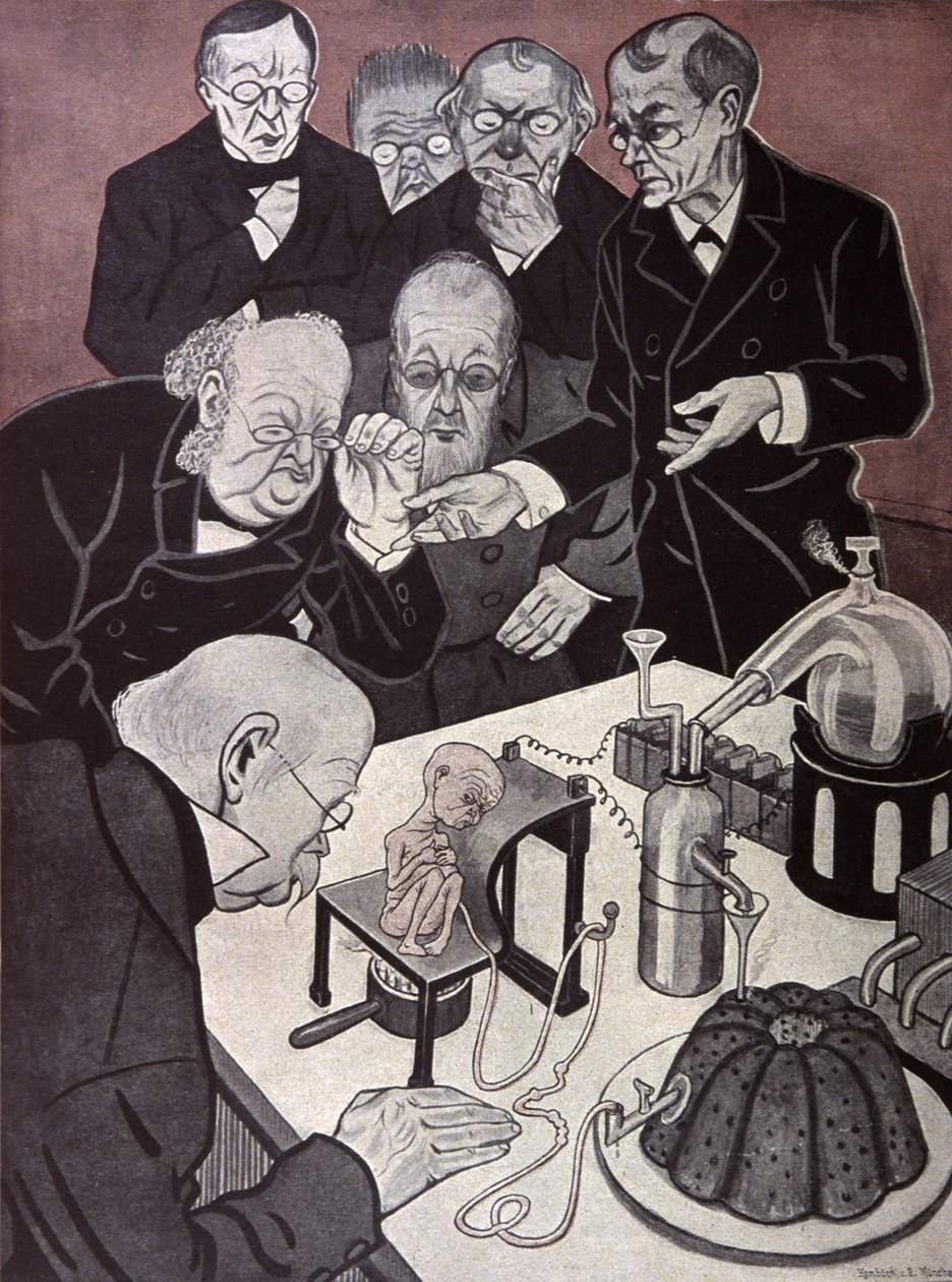 A homonculus (miniatűr, bár teljesen kialakult emberi test). Illusztráció: Th.Th. Heine in: Simplicissimus, Németország, 1900 körül (litográfia) alkotó: Thomas Theodor Heine