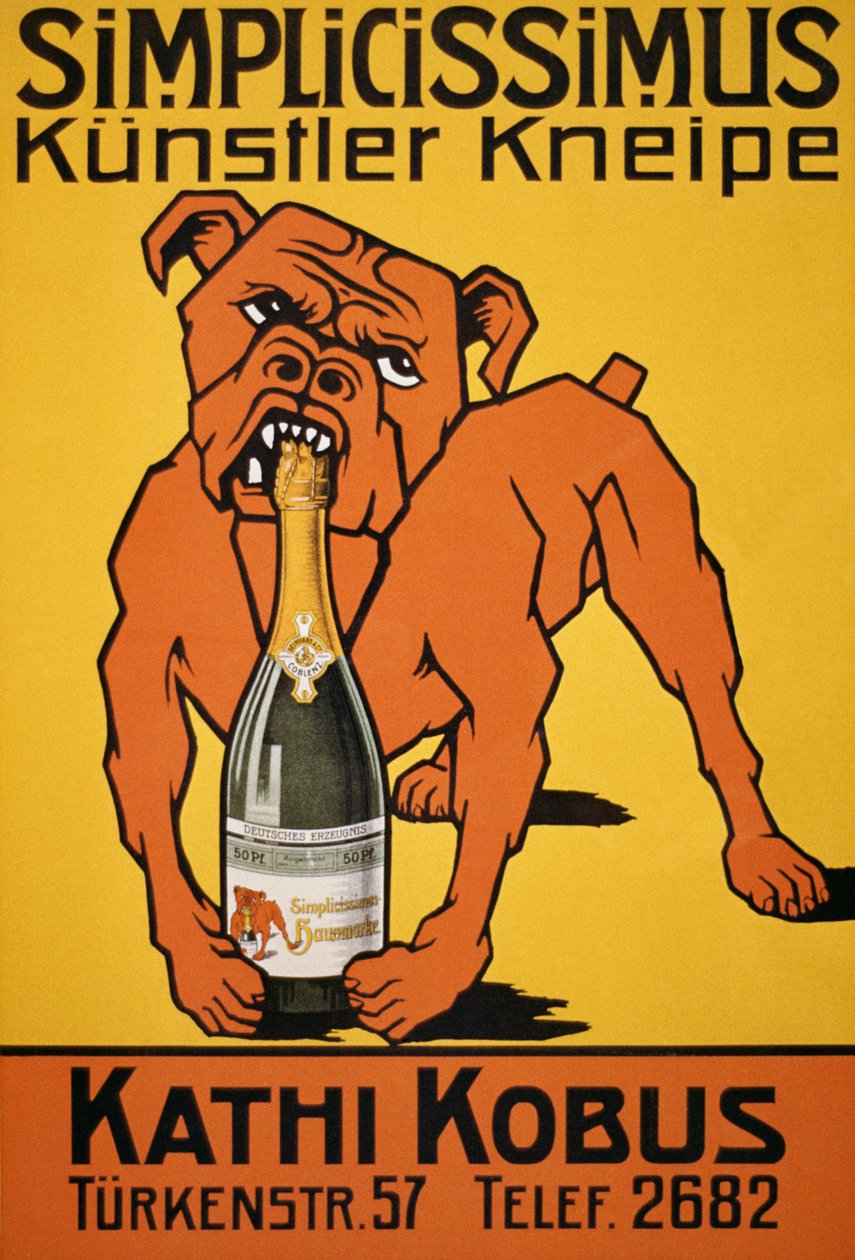 Szüreti poszter pezsgősüveget harapott bulldogról (plakát) alkotó: Thomas Theodor Heine