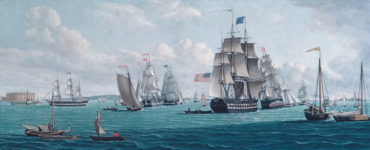A Franklin amerikai hajó, kilátással a New York-i öbölre, 1820-as vagy 1830-as évek. alkotó: Thomas Thompson