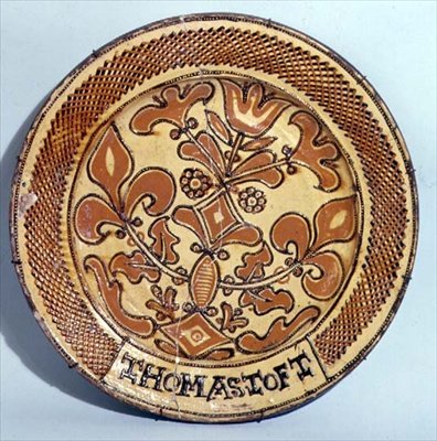 Staffordshire-i edény, 1680 körül (slipware) alkotó: Thomas Toft