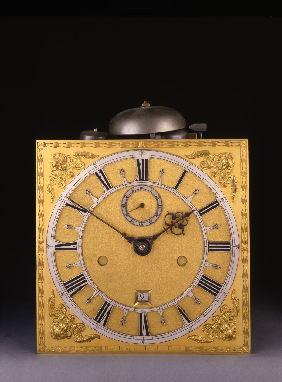 Részlet egy II. Károly római ütőképes, hosszú tokos óráról, 1675 alkotó: Thomas Tompion