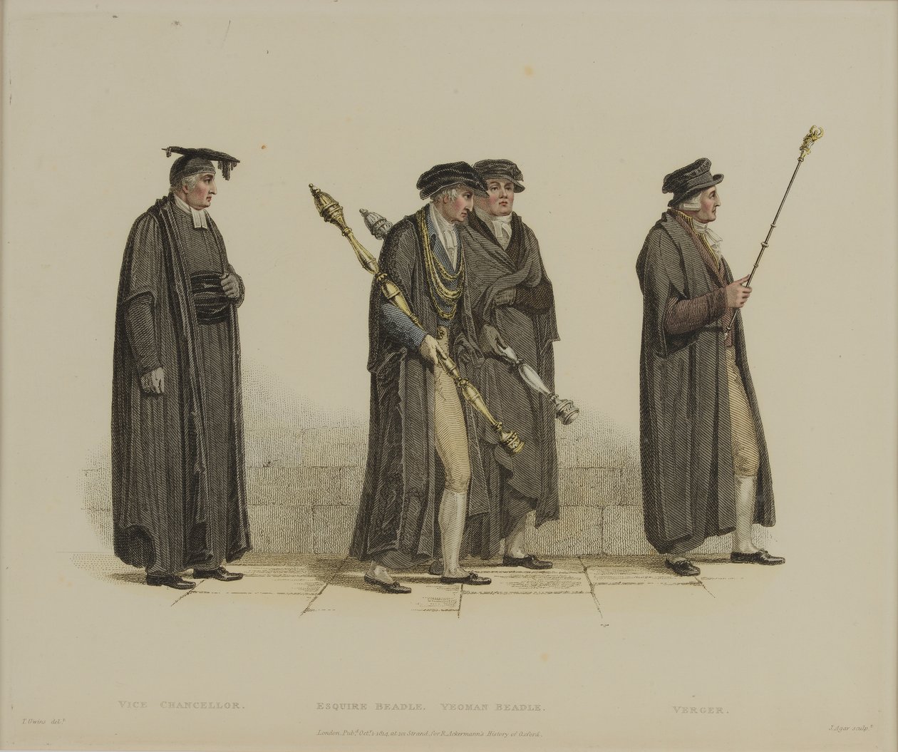 Vice Chancellor, Esquire Beadle, Yeoman Beadle, Verger, J. Agar metszete, megjelent R. Ackermann 