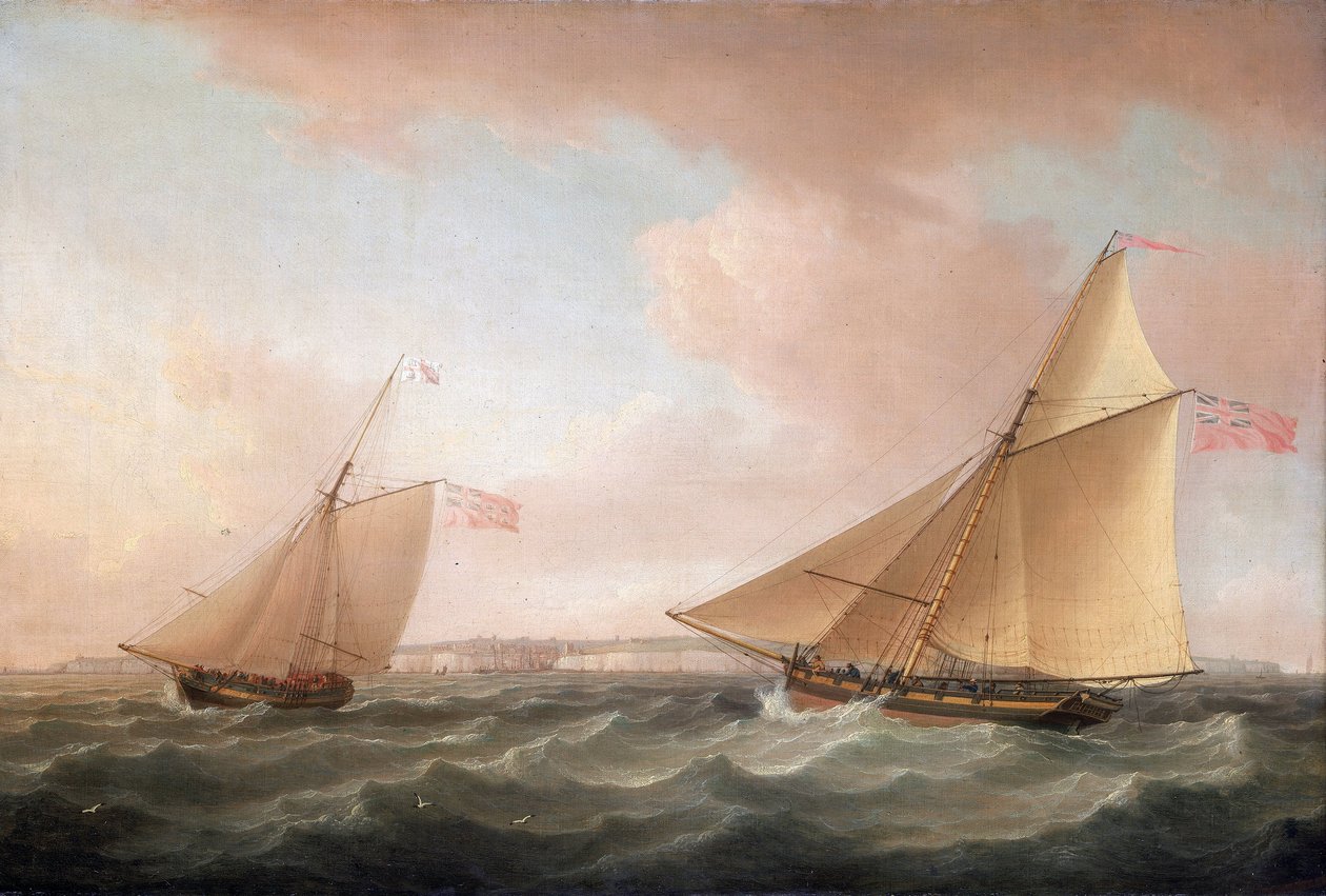 A brit világítótorony-szolgálat jachtja és egy adóügyi vitorlás (a csempészet elleni küzdelemre felfegyverzett vitorlás) Ramsgate (Anglia) előtt. alkotó: Thomas Whitcombe