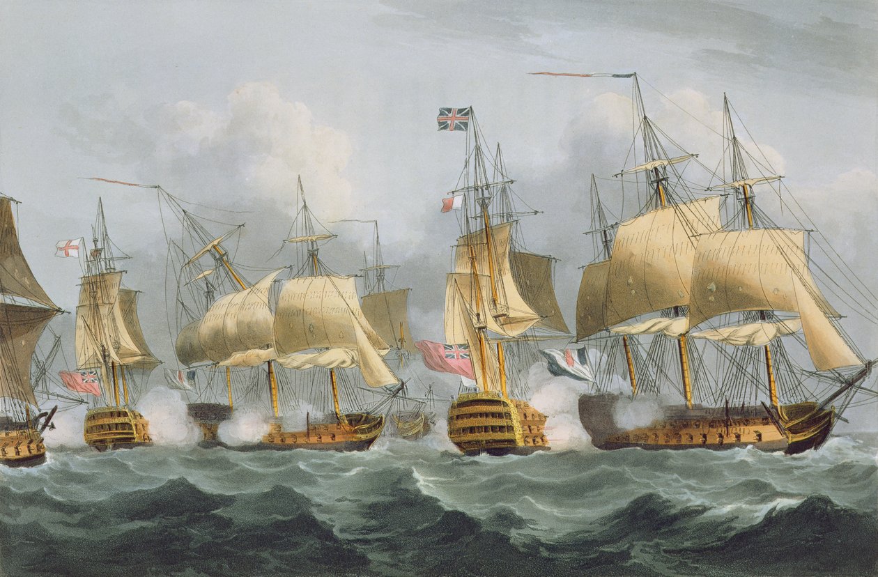 Lord Howe a Queen Charlotte-on, áttörve az ellenséges vonalat, 1794. május 29., Thomas Sutherland metszete J. Jenkins "Naval Achievements" című műve számára, 1816 (színes metszet). alkotó: Thomas Whitcombe
