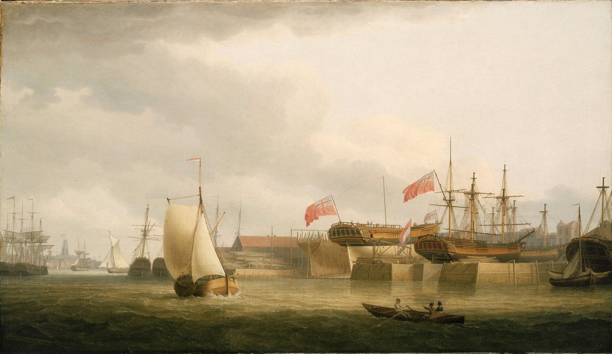 Hajógyárak a Temzén (Anglia), Redriffben, a Limehouse-i Szent Anna-templom tornyával szemben. Olaj, vászon alkotó: Thomas Whitcombe