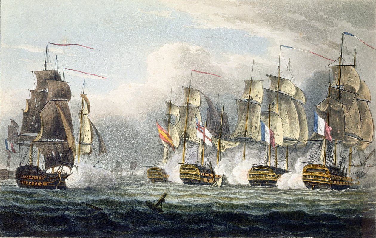 A HMS Bellerophon helyzete parancsnoka, Cooke kapitány halála után a trafalgari csatában, 1805. október 21-én, T. Sutherland metszete a "The Naval Chronology of Great Britain" című kiadványhoz, melyet T. Sutherland készített. alkotó: Thomas Whitcombe