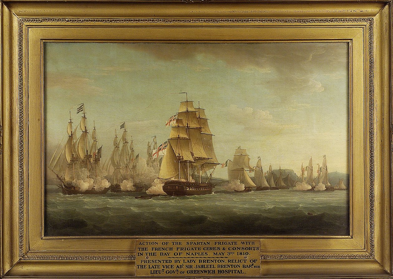 A HMS "Spartan" és a francia fregattok: a harcok kezdete, 1810. május 3., Nápolyi-öböl (Olaszország). Olaj, vászon alkotó: Thomas Whitcombe