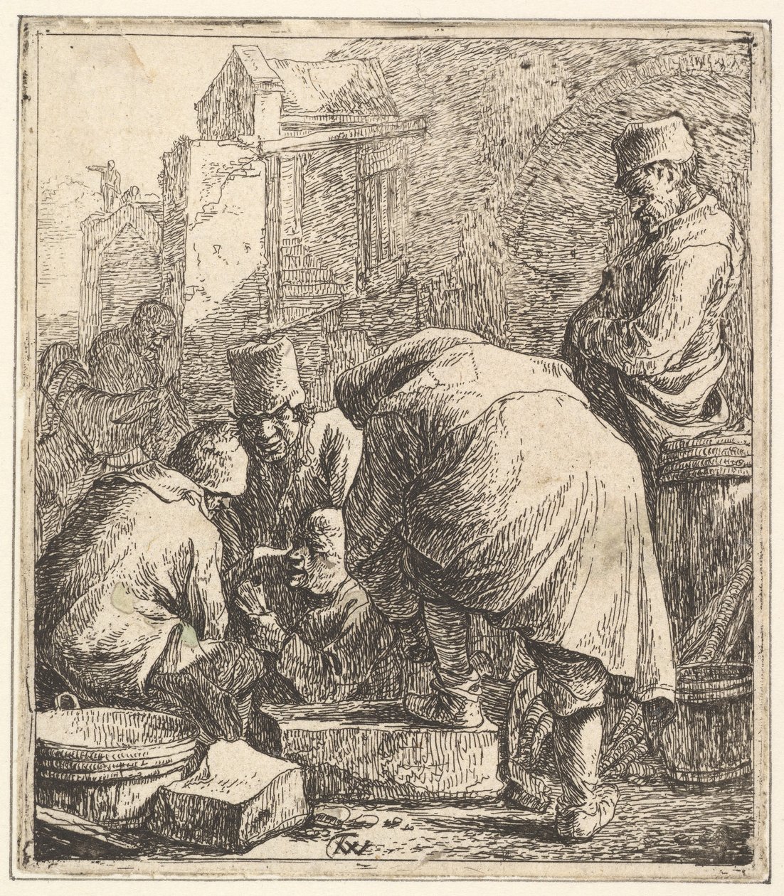 Férfi megigazítja a lábbelijét, bal oldalon három férfi kártyázik, 1630-77. alkotó: Thomas Wijck