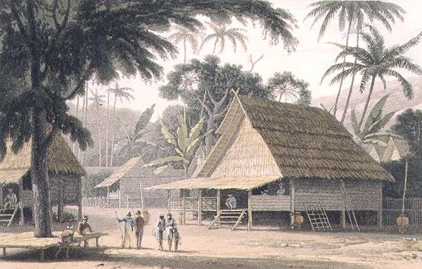 Egy maláj falu, 16. tábla az „Egy festői utazás Indiába” c. alkotó: Thomas und William Daniell