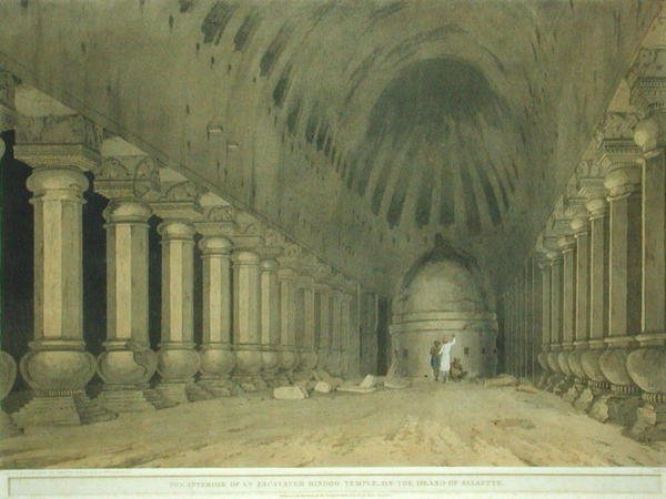 Egy feltárt hindu templom belseje Salsette szigetén, 63. tábla a "Keleti tájképek" című kötetből: Twenty Four Views in Hindoostan", megjelent 1800-ban (színes litográfia). alkotó: Thomas und William Daniell