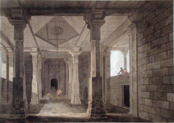 Egy hindu templom belsejének része a deói hindu templomban, Baharban, VI. tábla az „Oriental Scenery”-ből, 1800-ban megjelent (színes akvatinta) alkotó: Thomas und William Daniell