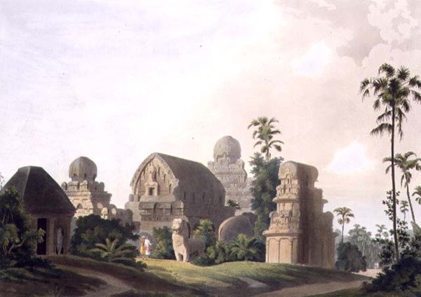 Szobrászatú sziklák Mavalipuramban, Coromandel partján, az „Oriental Scenery” pub 3. részének I. táblája. 1799 (akvatinta) alkotó: Thomas und William Daniell