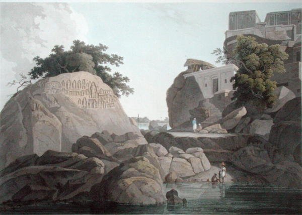 Délkeleti nézet a Hamisítványok sziklájáról a Gangesz folyón, Sultaungunge közelében, X. tábla az „Oriental Scenery”-ből, 1800-ban (színes akvatinta) (lásd még: 86311) alkotó: Thomas und William Daniell
