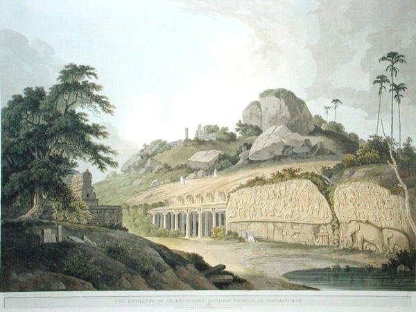 Egy feltárt hindu templom bejárata Mavalipuramban, 53-as tábla az „Oriental Scenery: Twenty Four Views in Hindoostan” című filmből, 1797-ben (színes litho) alkotó: Thomas und William Daniell