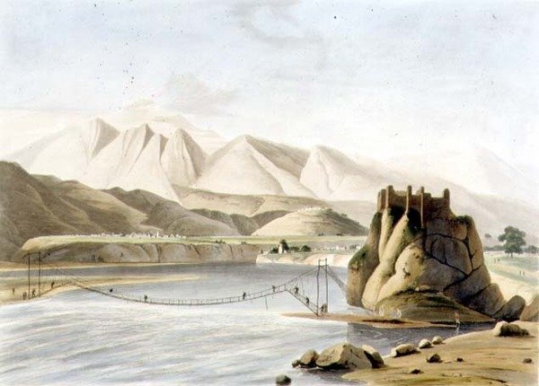 A kötélhíd Sirinagurban, XXIII. tábla a „Keleti tájkép” 6. részéből, kocsma. 1805 (akvatinta) alkotó: Thomas und William Daniell