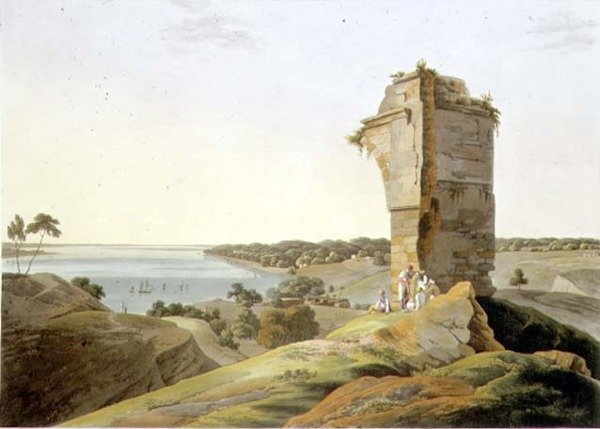 Kilátás Currah erődjének romjairól, a Gangesz folyón, XXI. tábla a „Keleti táj” 4. részéből, kocsma. 1803 (akvatinta) alkotó: Thomas und William Daniell