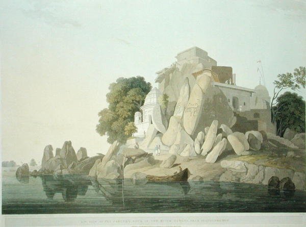 S.W. Kilátás a Hamisítványok sziklájára a Gangesz folyóban, Sultaungunge közelében, 61. tábla az „Oriental Scenery: Twenty Four Views in Hindoostan” című filmből, 1800-ban (színes litho) alkotó: Thomas und William Daniell