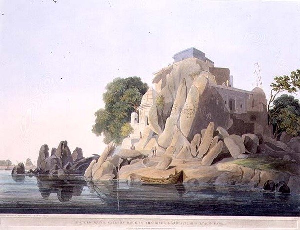 Délnyugati nézet a Hamis szikláról a Gangesz folyóban, Sultaungunge közelében, IX. tábla a „Keleti táj” 3. részéből, kocsma. 1800 (színes akvatinta) (lásd még: 195042) alkotó: Thomas und William Daniell