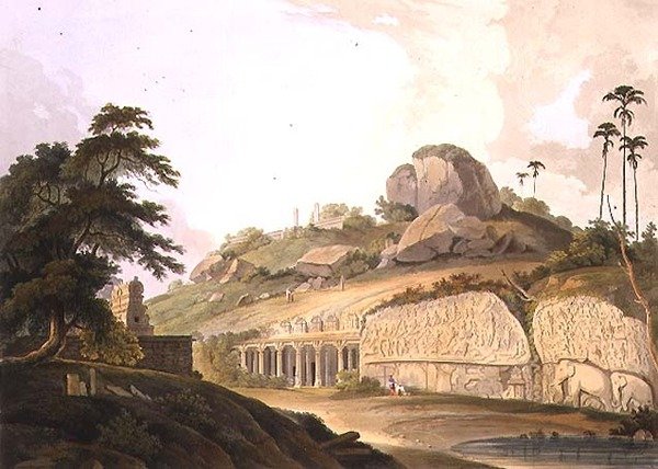 Egy feltárt hindu templom bejárata Mavalipuramban, II. tábla a „Keleti táj” 3. részéből, kocsma. 1799 (akvatinta) alkotó: Thomas und William Daniell