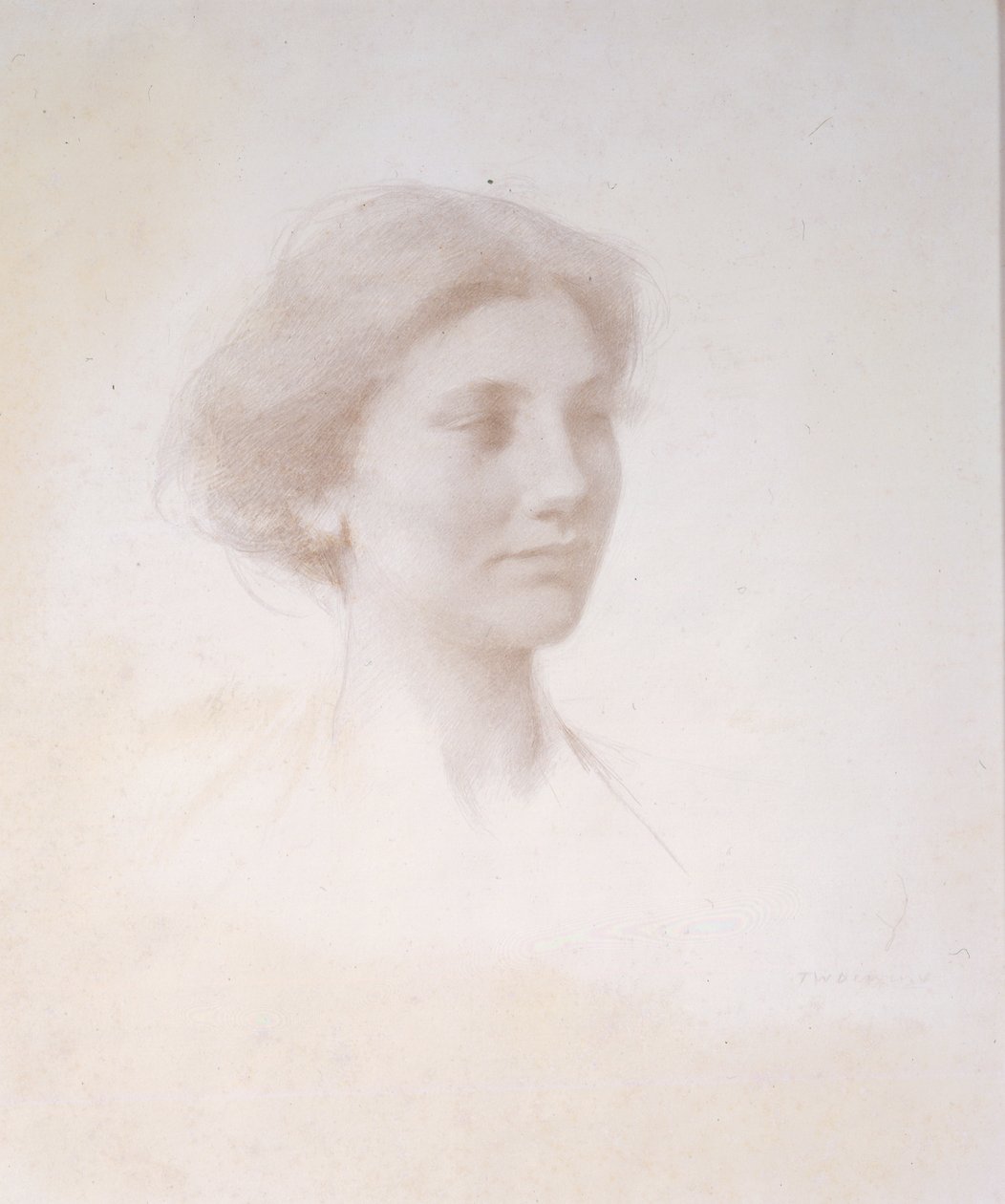 Lányfej, 1909 körül (ezüsthegyezés fehér preparált matt kartonra) alkotó: Thomas Wilmer Dewing