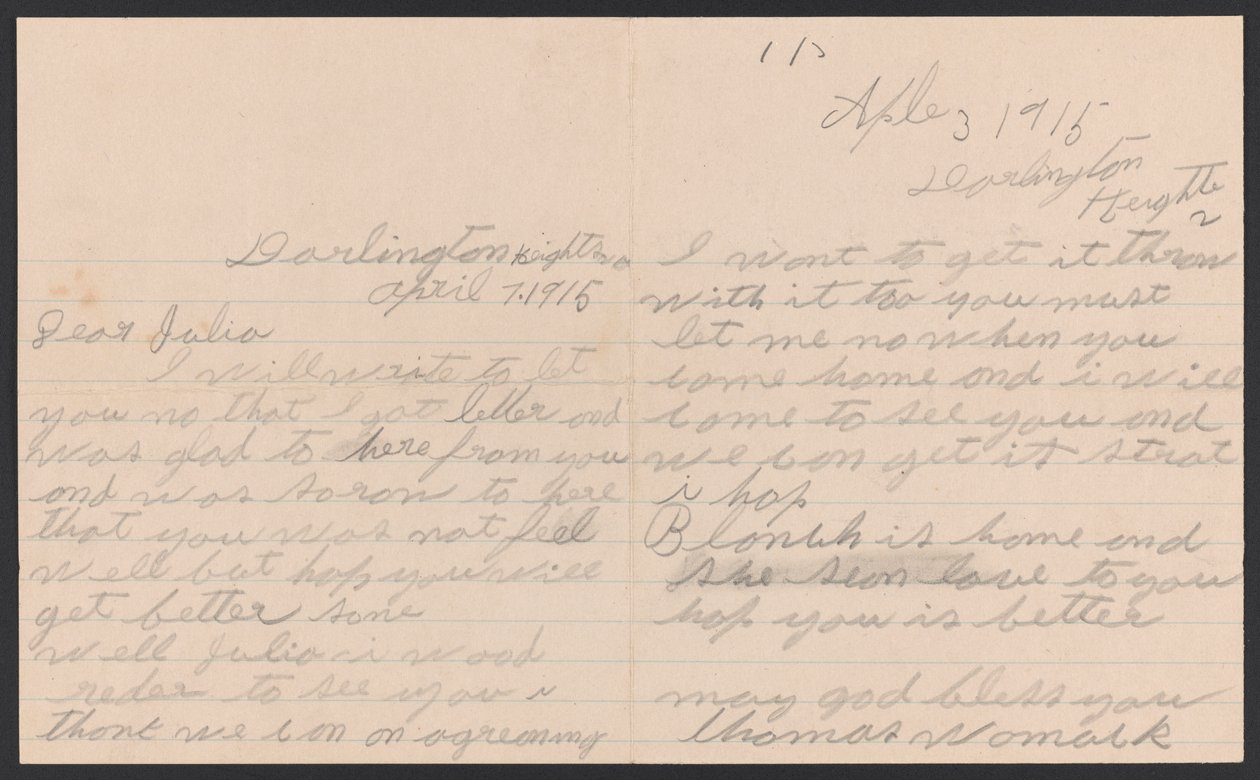 Thomas Womack levele Julia Womacknak borítékkal, 1915. április 7. alkotó: Thomas Womack