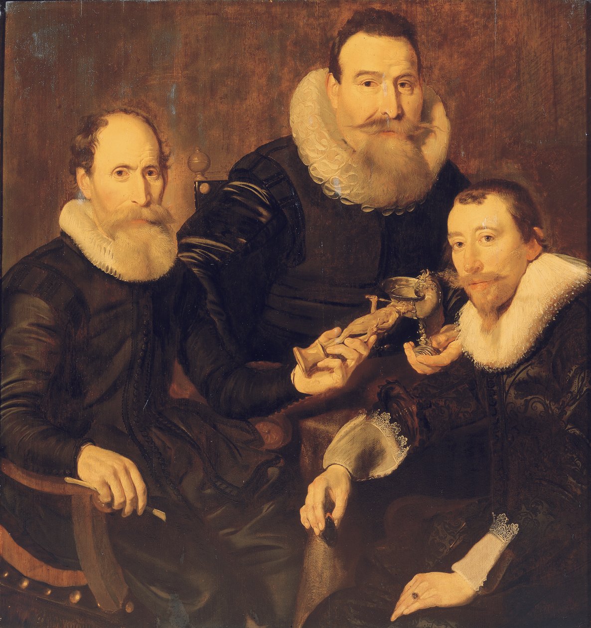 Három úriember csoportportréja, háromnegyed hosszú, fekete kosztümben ülő csipkegallérral, 1635 alkotó: Thomas de Keyser
