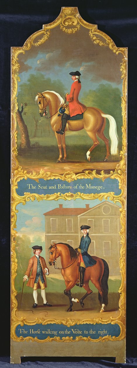 „A manézs ülése és testtartása” (fent) és „A ló jobbra sétál a Voltán” (alul), 1750 körül alkotó: Thomas, of Pall Mall Butler