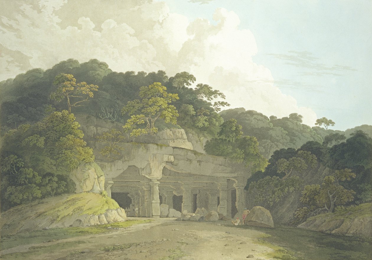 Az Elefánta-barlang bejárata, 58-as tábla az „Oriental Scenery: Twenty Four Views in Hindoostan” című filmből, 1800-ban alkotó: Thomas und William Daniell