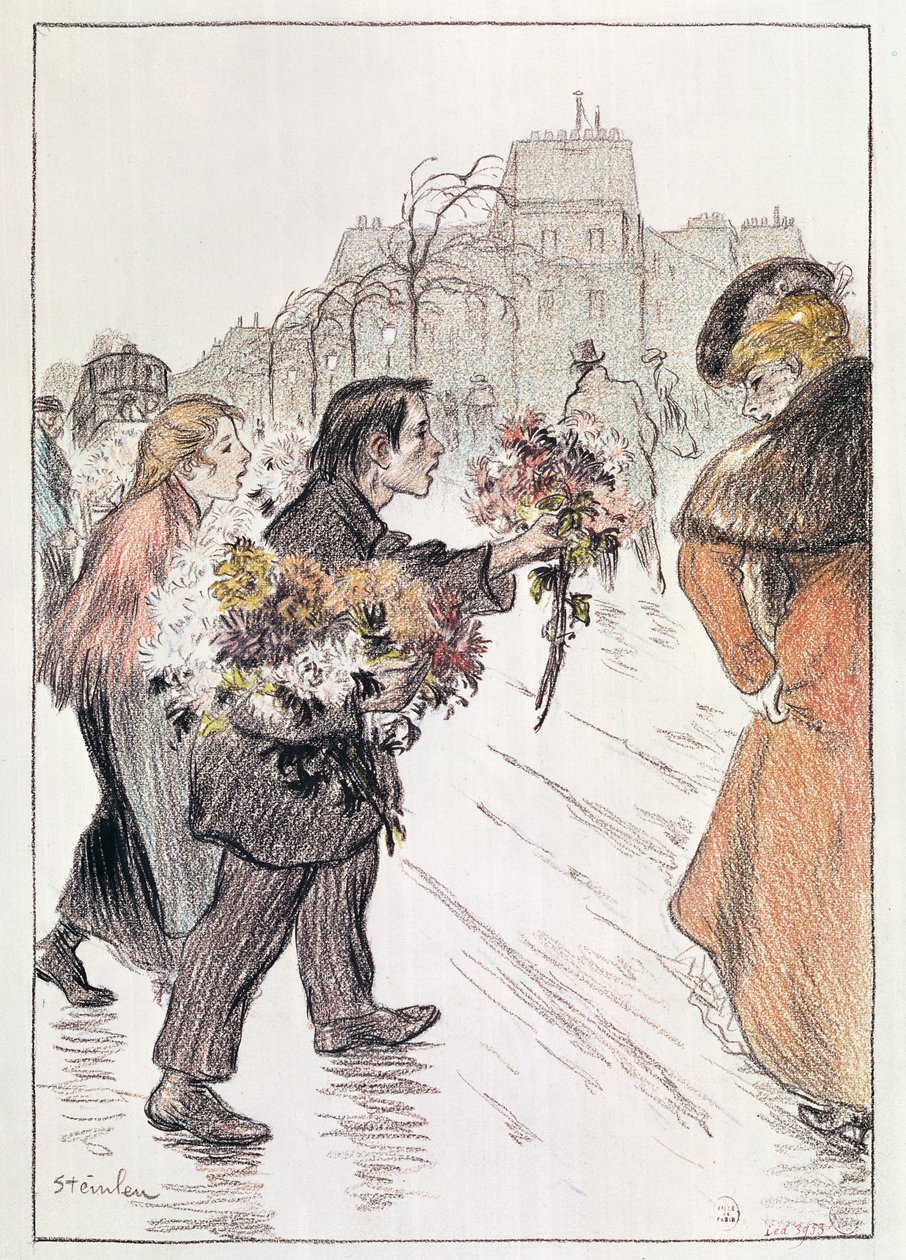 Virágárusok sétálnak a külső körúton (ceruza és zsírkréta papíron) alkotó: Théophile Alexandre Steinlen