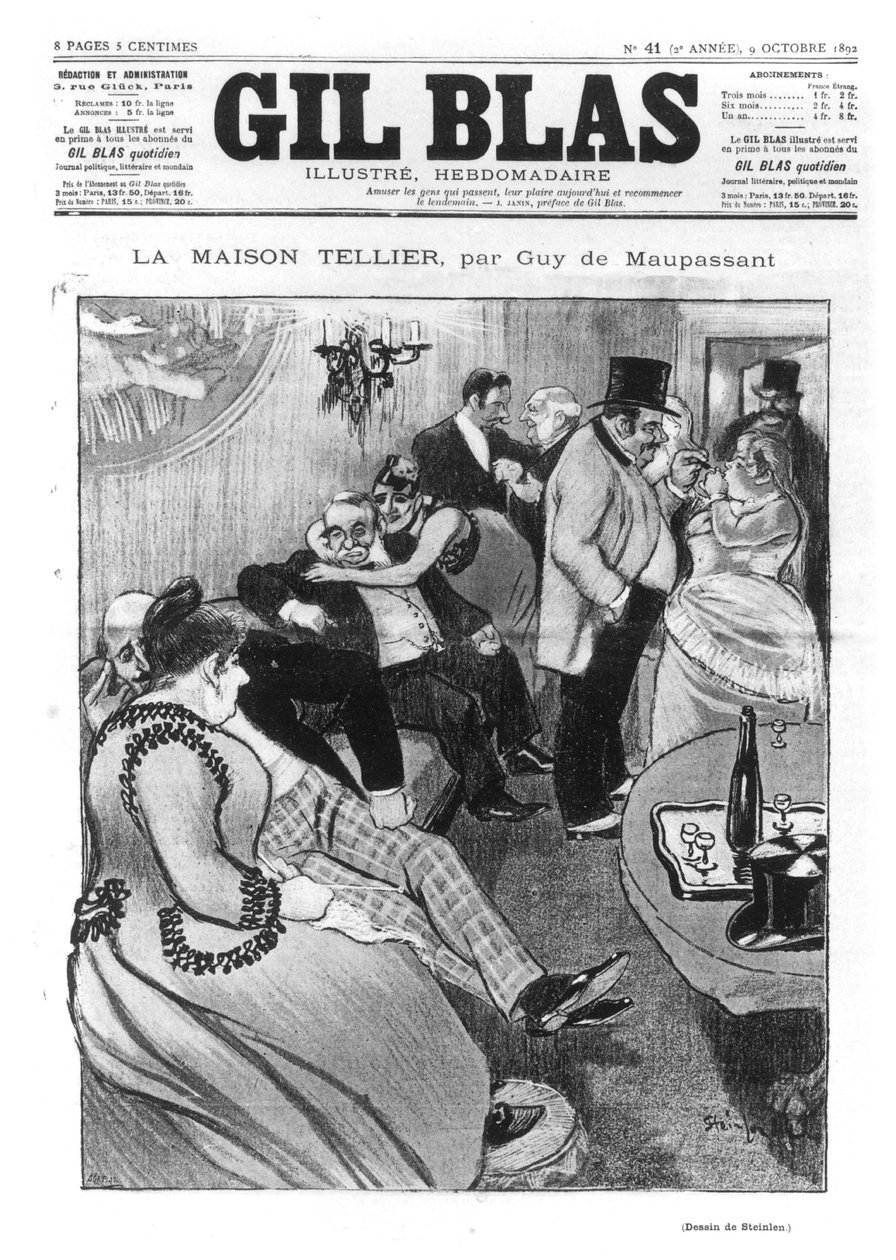 Guy de Maupassant (1850-93) "La Maison Tellier" illusztrációja, a "Gil Blas" címlapja, 1892. október 9. (részleteket lásd a 170903-as oldalon). alkotó: Théophile Alexandre Steinlen