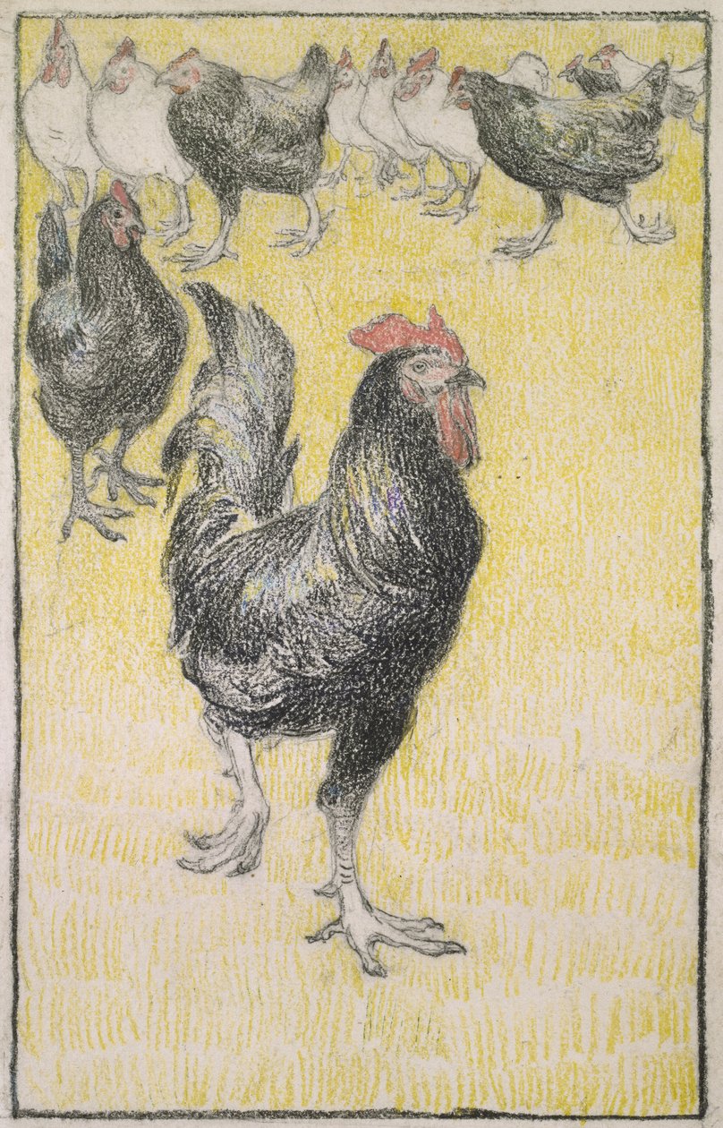 Kakas, majd fekete-fehér tyúkok (grafit fekete és színes krétával fehér papíron, fekete kréta vonallal szegélyezve) alkotó: Théophile Alexandre Steinlen