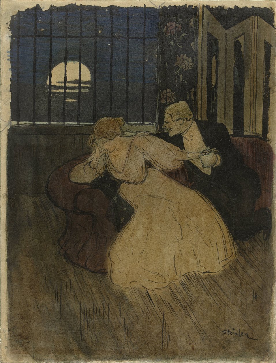 Szoknyás úriember a kanapén próbál meggyőzni egy kétkedő hölgyet alkotó: Théophile Alexandre Steinlen