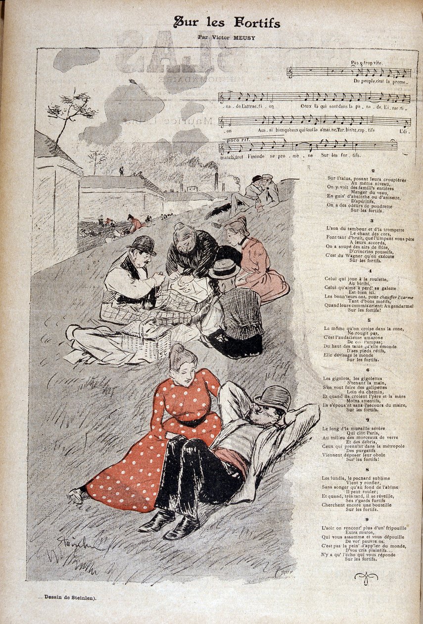 Victor Meusy „” on the fortices” című népszerű dal – Theophile Alexandre Steinlen rajza a „Gil blas illusztrált” c. alkotó: Théophile Alexandre Steinlen