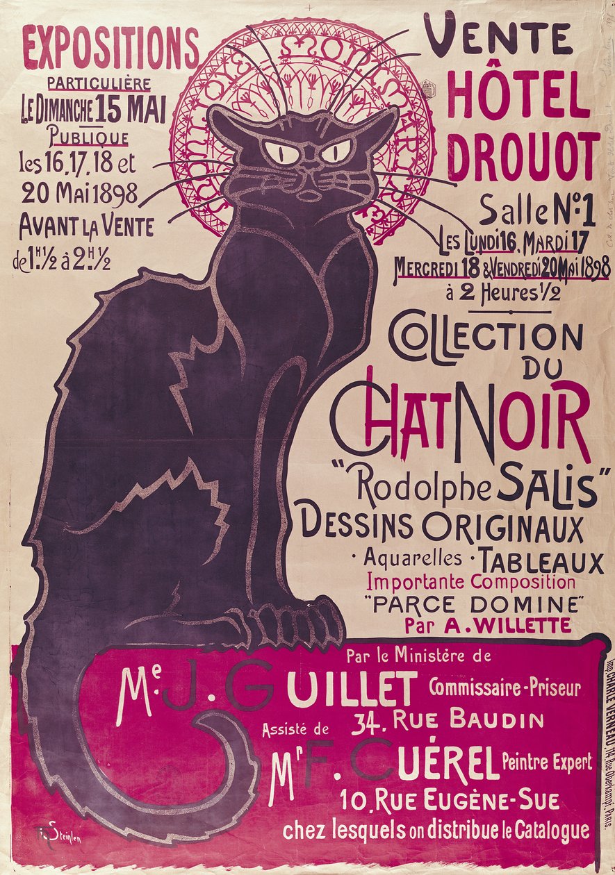 Plakát, amely a „Collection du Chat Noir” kabaré kiállítását hirdeti a párizsi Hotel Drouot-ban, 1898. május alkotó: Théophile Alexandre Steinlen