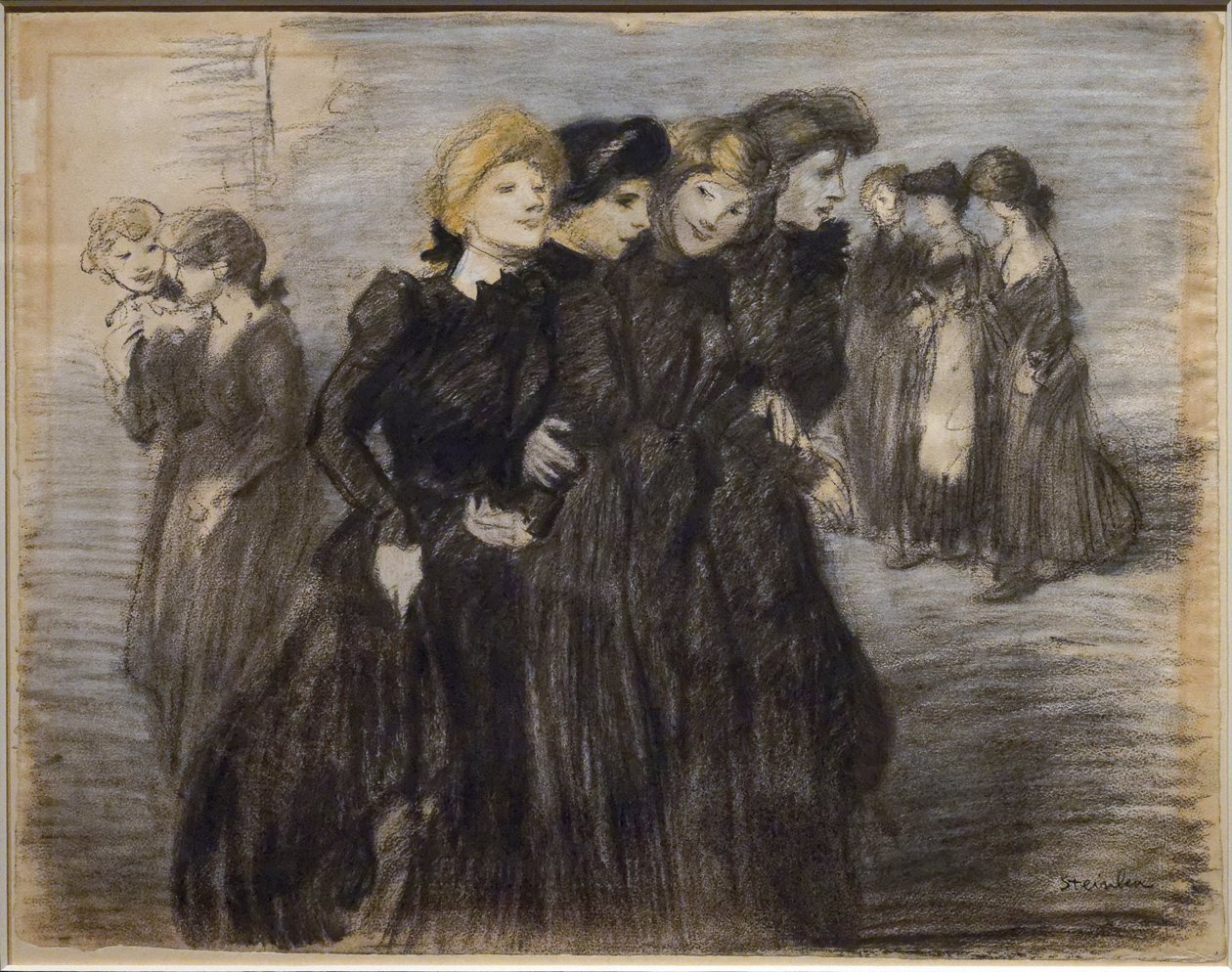 A midinettes kijárata (1907 előtt). Theophile Alexandre Steinlen (1859-1923). Faszén és pasztell papíron. Musee des Beaux-Arts de la Ville de Paris, PeuPalais. alkotó: Théophile Alexandre Steinlen